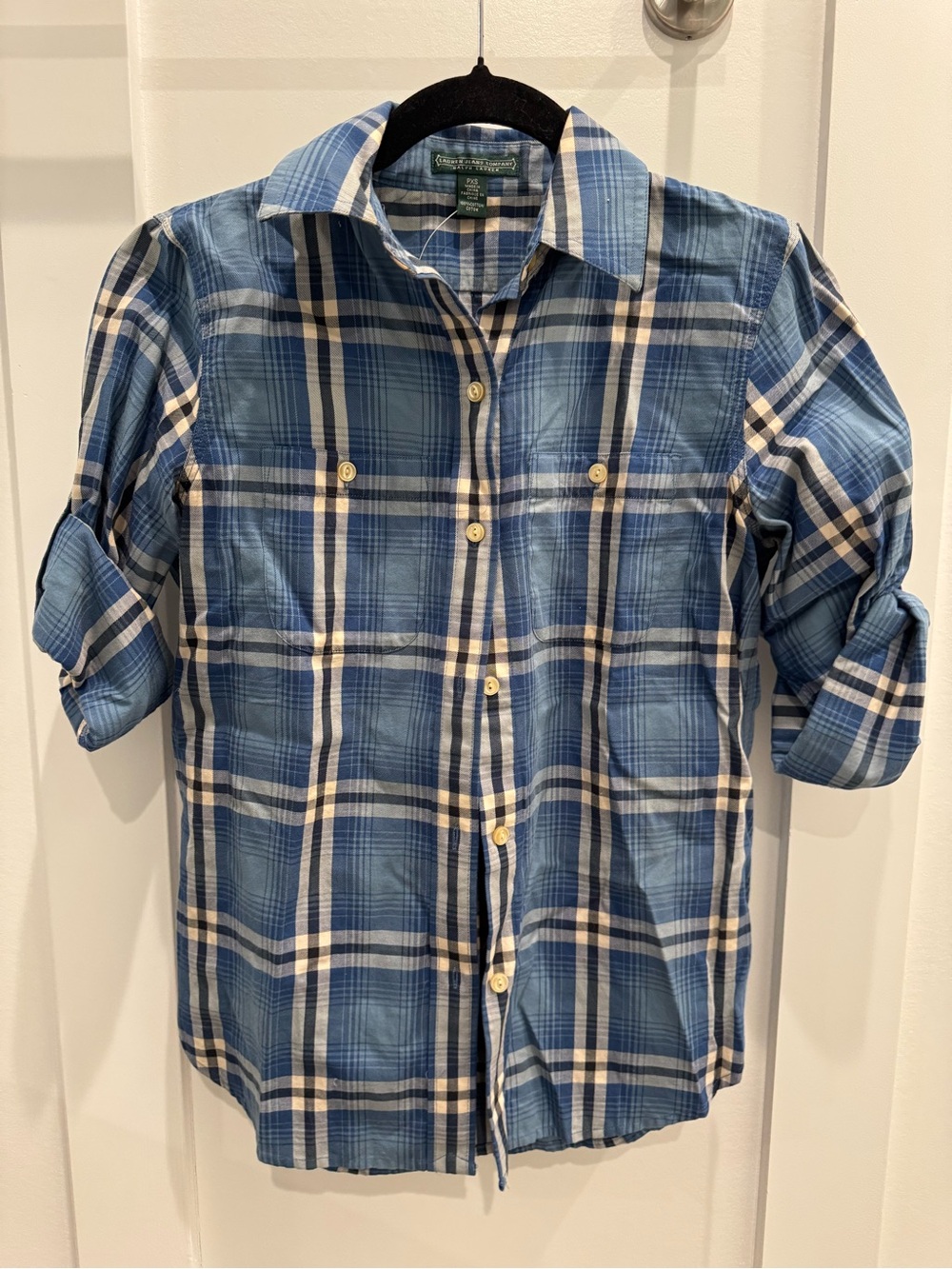 Lauren Jeans Company Blue and White Plaid Button-Down Shirt Size Petite XS